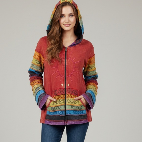 no brand Jackets & Blazers - Women’s Red Hooded Zip Jacket with Rainbow Trim